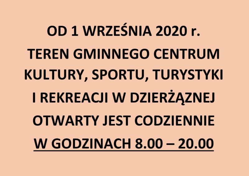 Zmiana godzin otwarcia terenu GCKSTiR w Dzierżąznej od 01 września